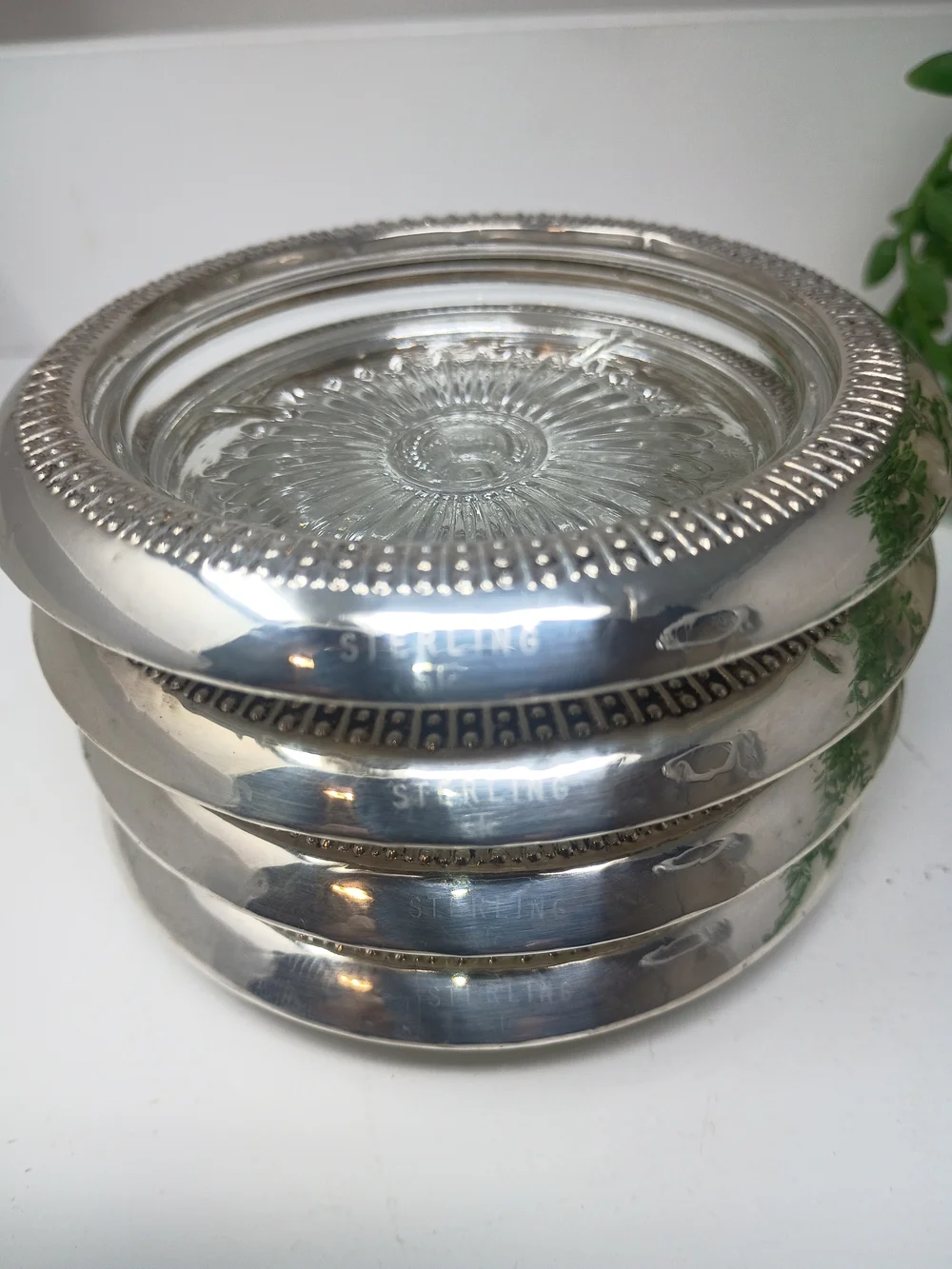 Sterling Silver Glass Sunburst Coasters - Set of 4